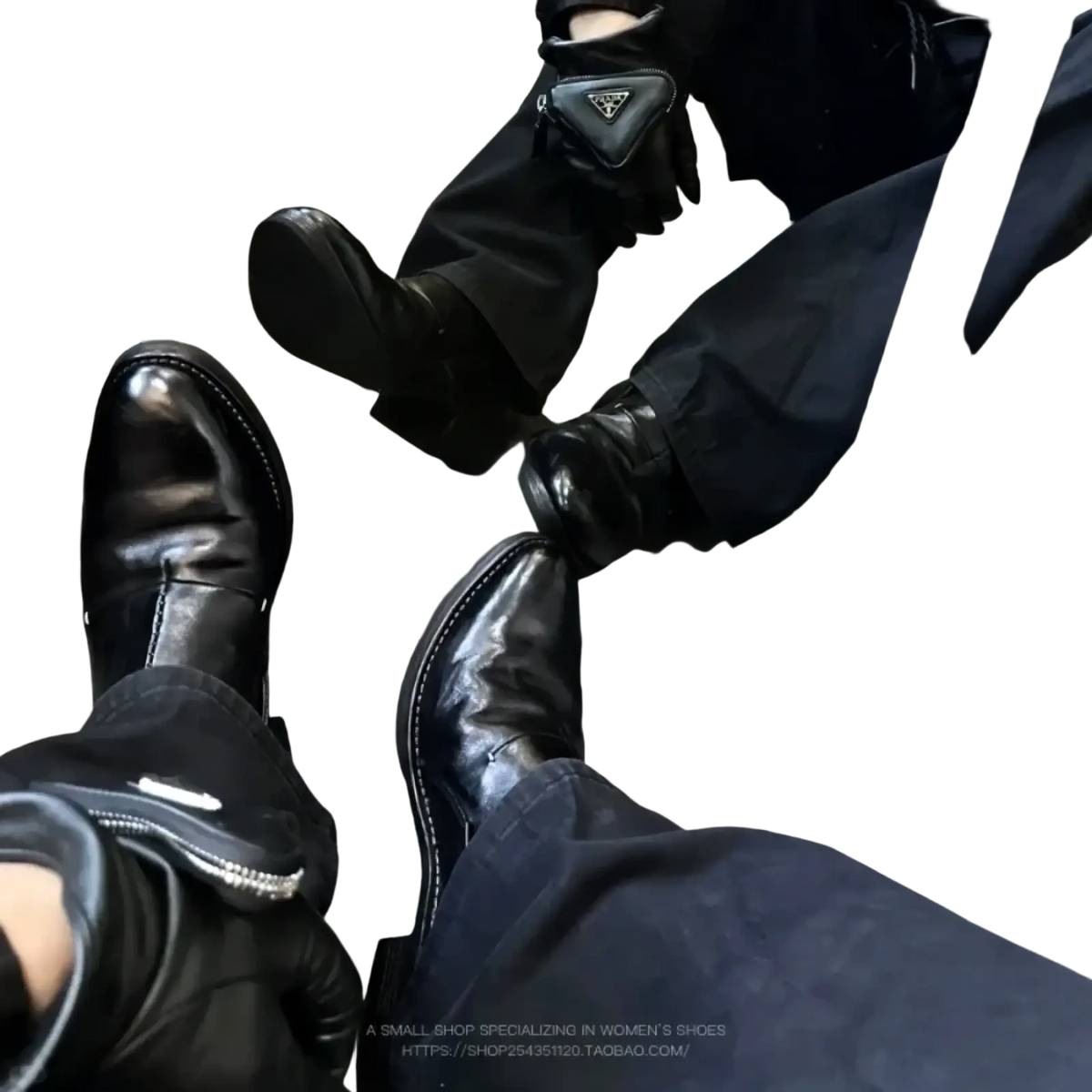 Black leather prada triangular pouch attached to boot strap on men black leather vintage slip on dress shoes