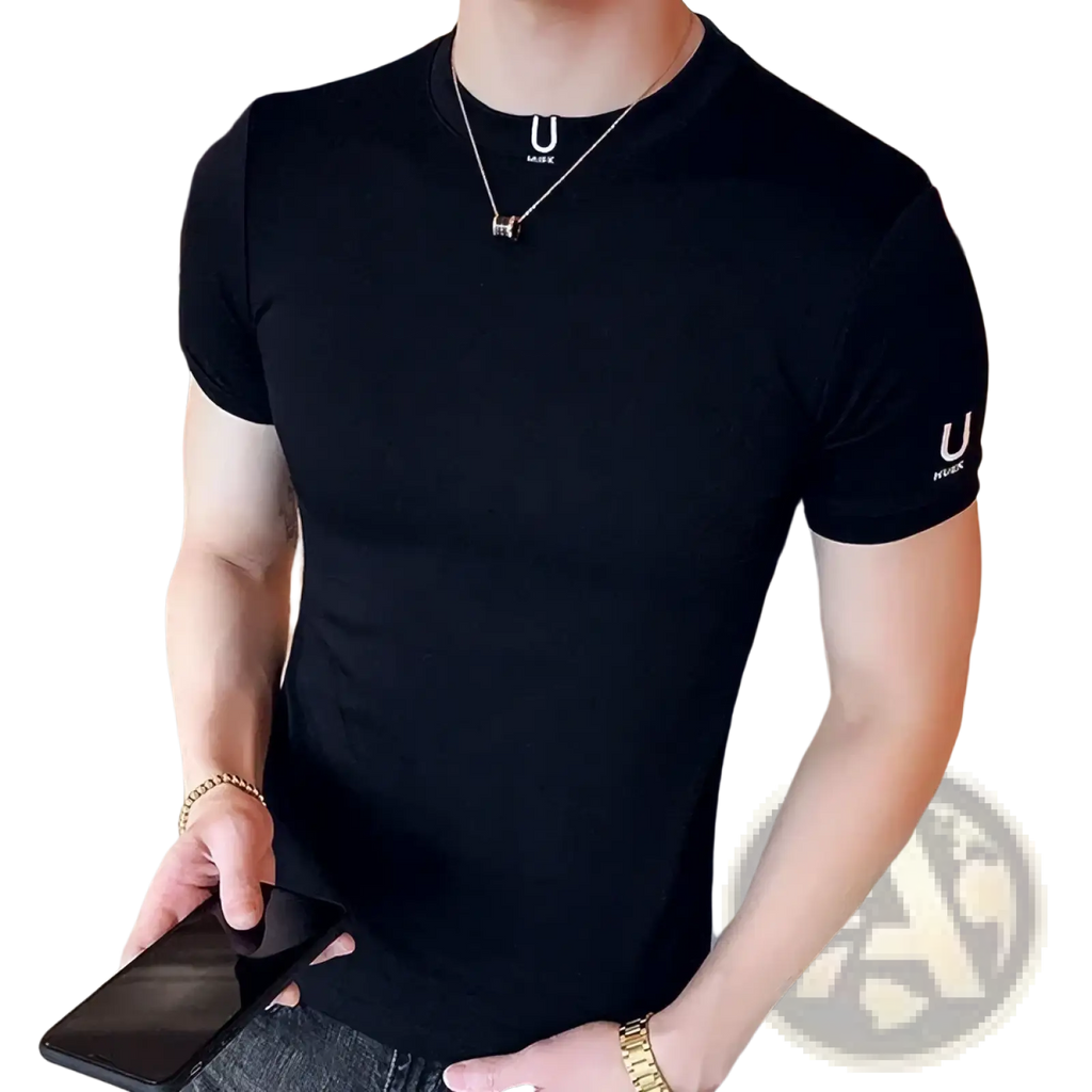 Men black logo t-shirt casual slim fit cotton tee with subtle u logos on chest and sleeve in short sleeves