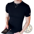 Men black logo t-shirt casual slim fit cotton tee with subtle u logos on chest and sleeve in short sleeves