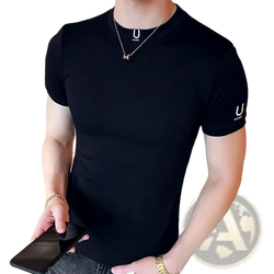 Men black logo t-shirt casual slim fit cotton tee with subtle u logos on chest and sleeve in short sleeves