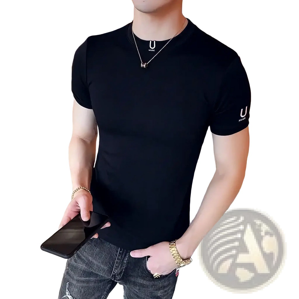 Men black slim fit cotton t-shirt with subtle white u logo on chest and sleeve for casual wear