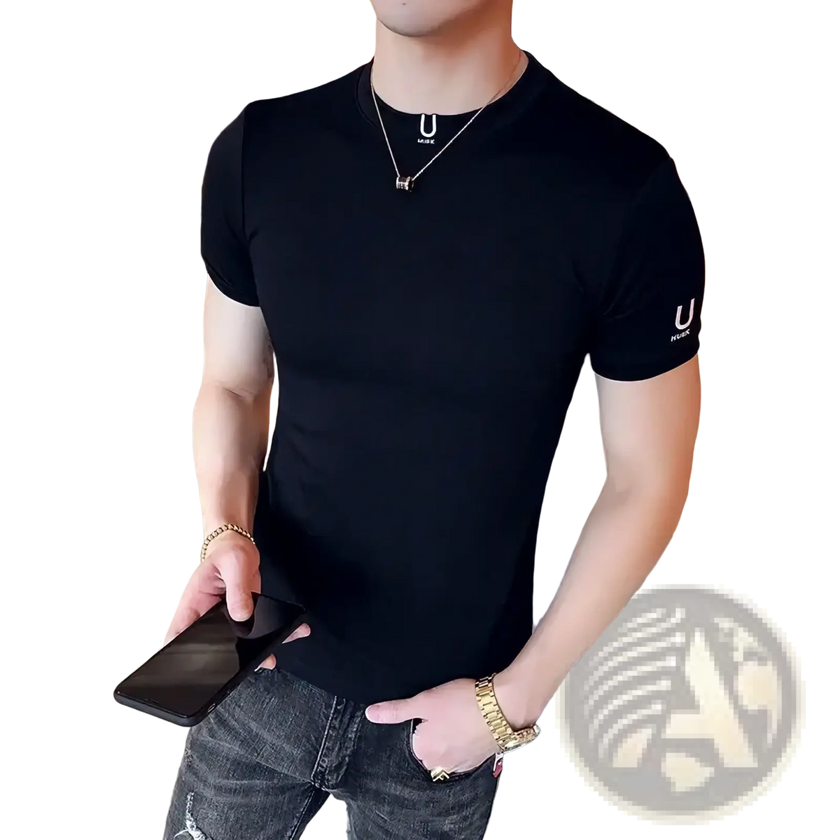 Men black slim fit cotton t-shirt with subtle white u logo on chest and sleeve for casual wear