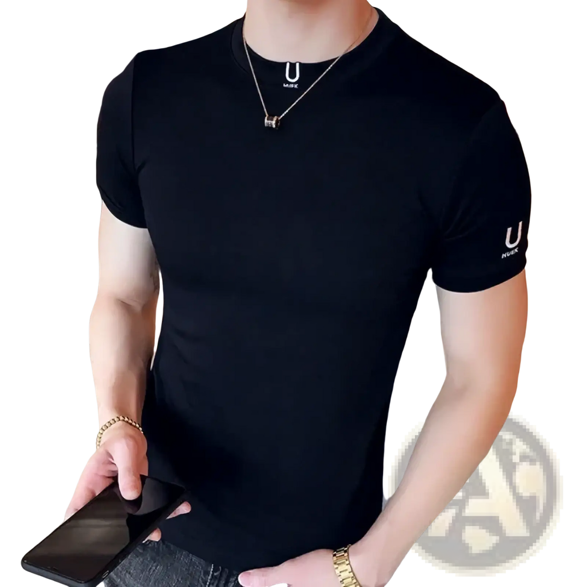 Men black slim fit cotton t-shirt with short sleeves and subtle u logo embroidered on chest and sleeve
