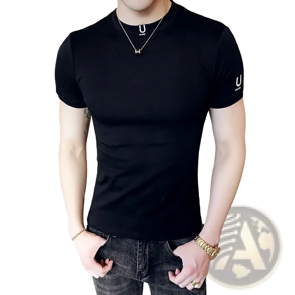 Men black logo t-shirt casual slim fit cotton tee with short sleeves and subtle u logo on chest and sleeve