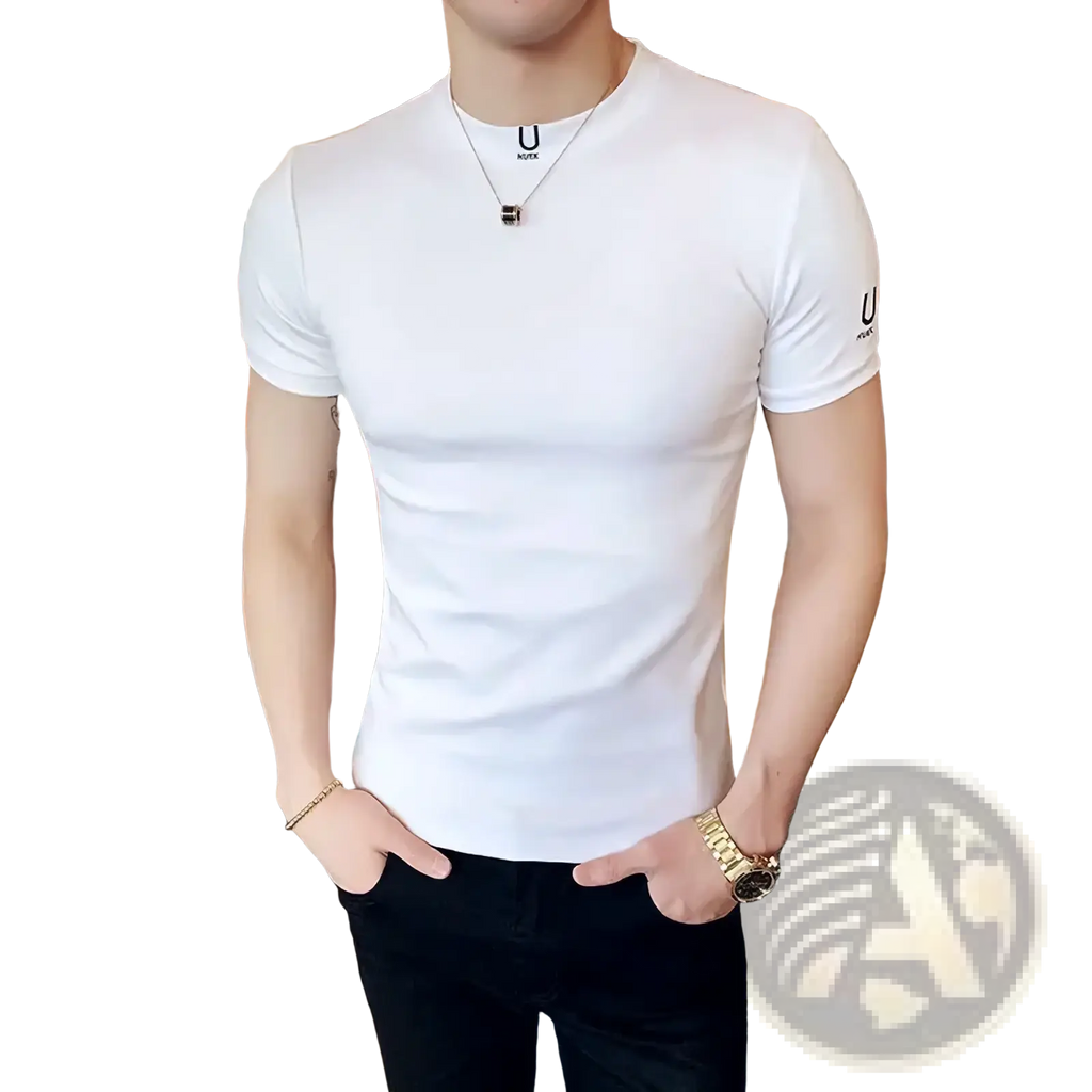 Men black logo t-shirt casual slim fit cotton tee with white short-sleeved design and subtle u logos on chest and sleeve