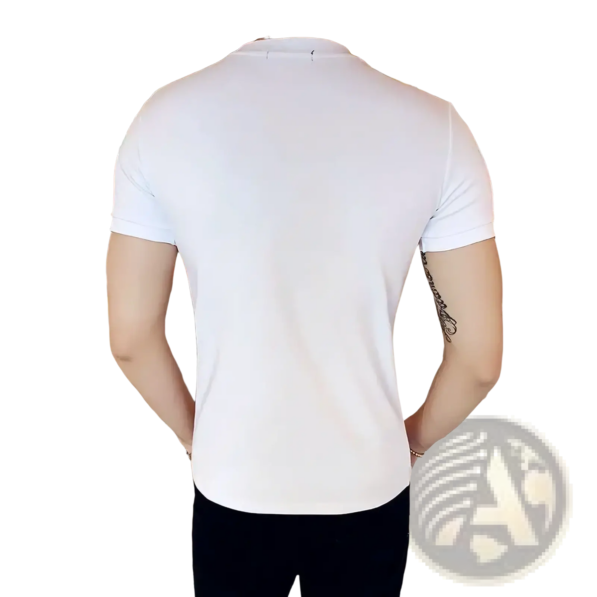White short-sleeved polo shirt with classic collar and minimalist design paired with men black logo t-shirt slim fit cotton tee
