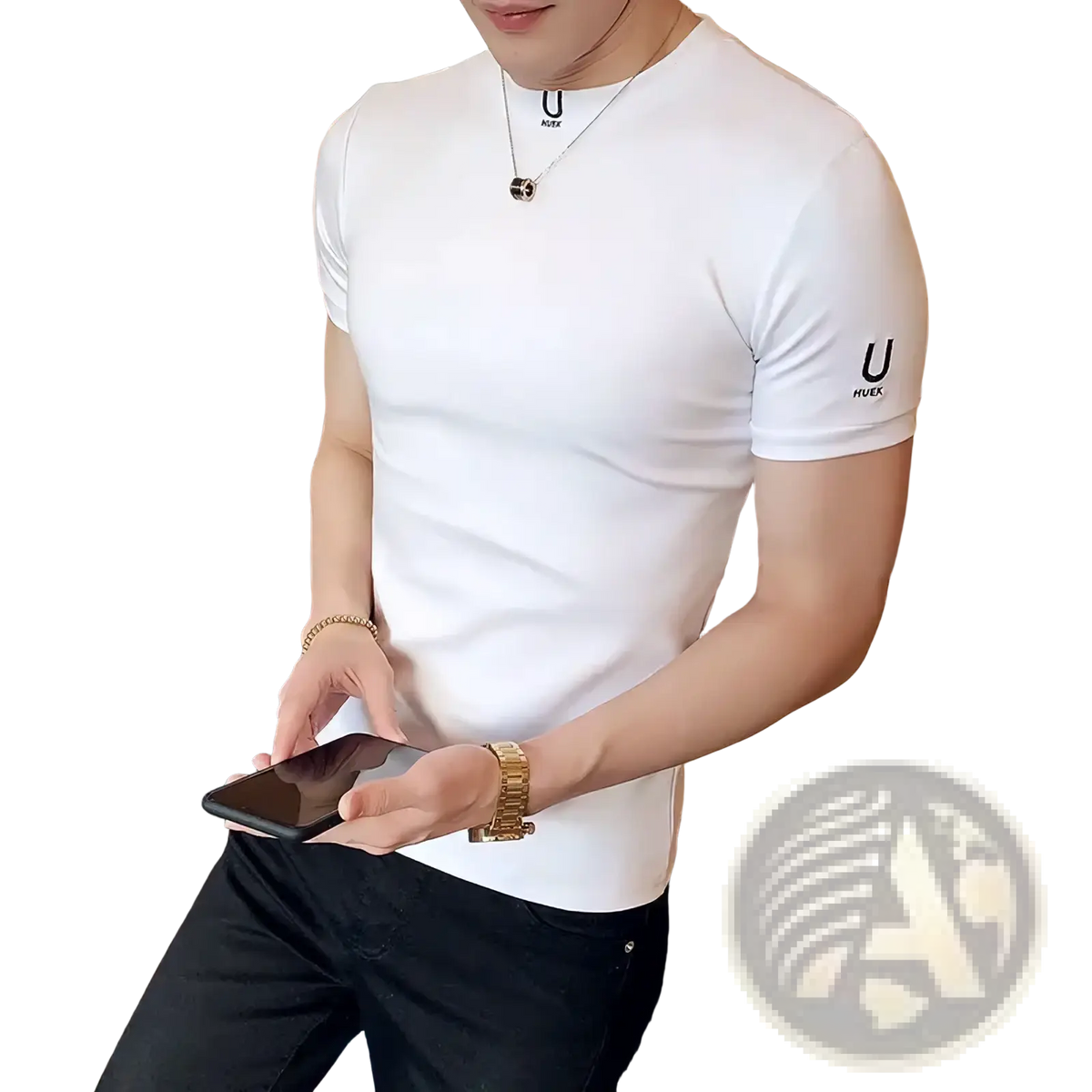 Men black logo t shirt casual slim fit cotton tee with white short sleeved t shirt featuring subtle u logos on chest and sleeve