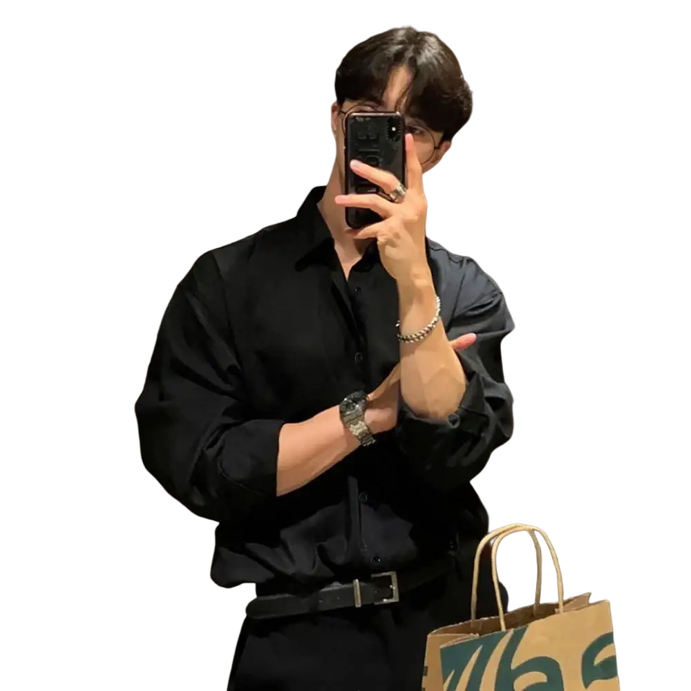 Men black long sleeve casual button down shirt with classic collar made from comfortable fabric for daily wear