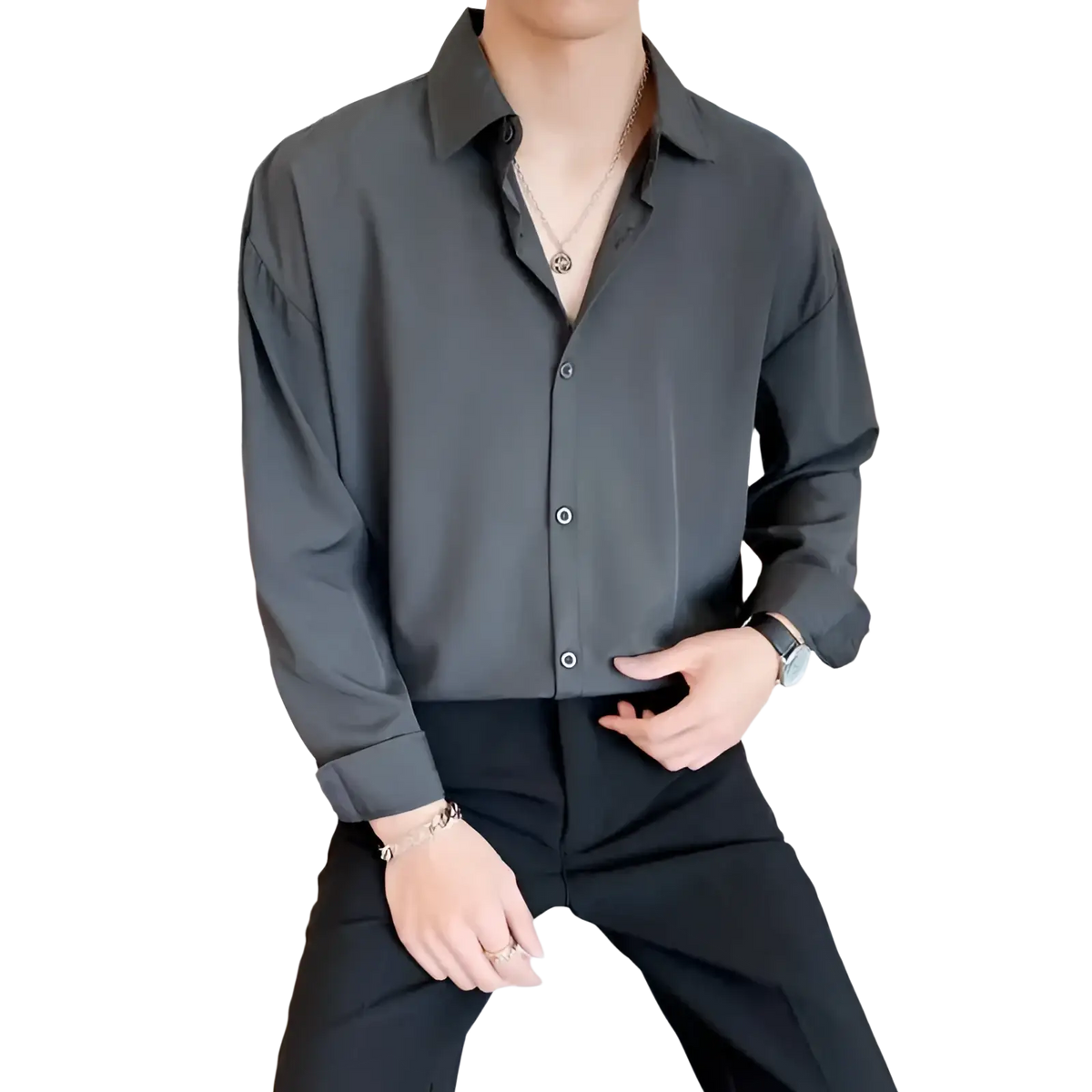 Men black long sleeve casual button down shirt in dark gray with classic collar and neatly rolled cuffs