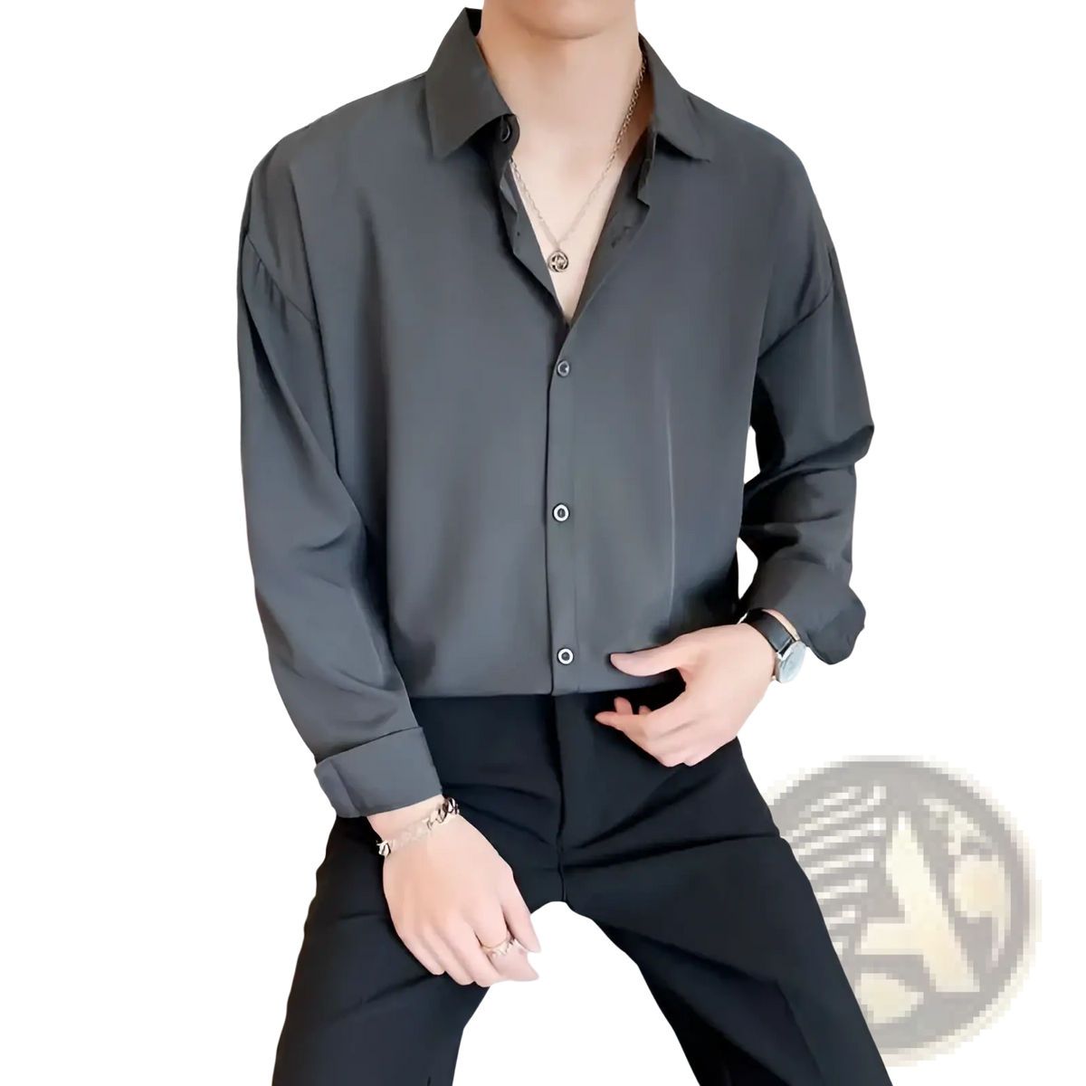 Men black long sleeve casual button down shirt in dark gray with classic collar and neatly rolled cuffs
