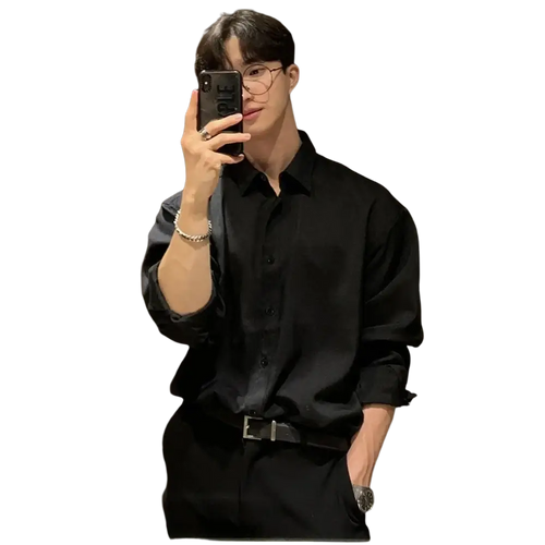 Men black long sleeve casual button down shirt with rolled sleeves and classic collar in a cotton blend fabric