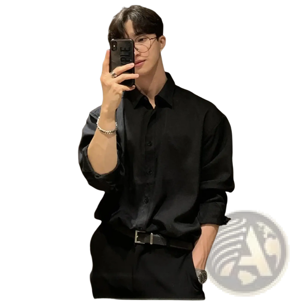 Men black long sleeve casual button down shirt with rolled sleeves and classic collar in a cotton blend fabric