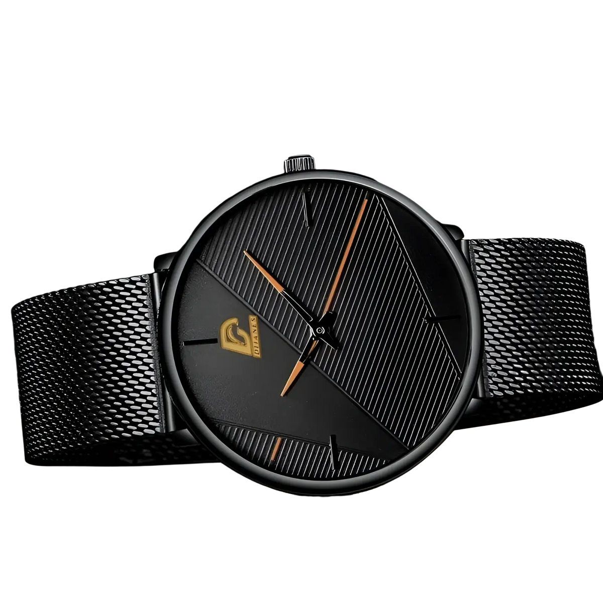 Men black mesh quartz watch with a sleek minimalist design featuring gold-toned hands and logo on the dial