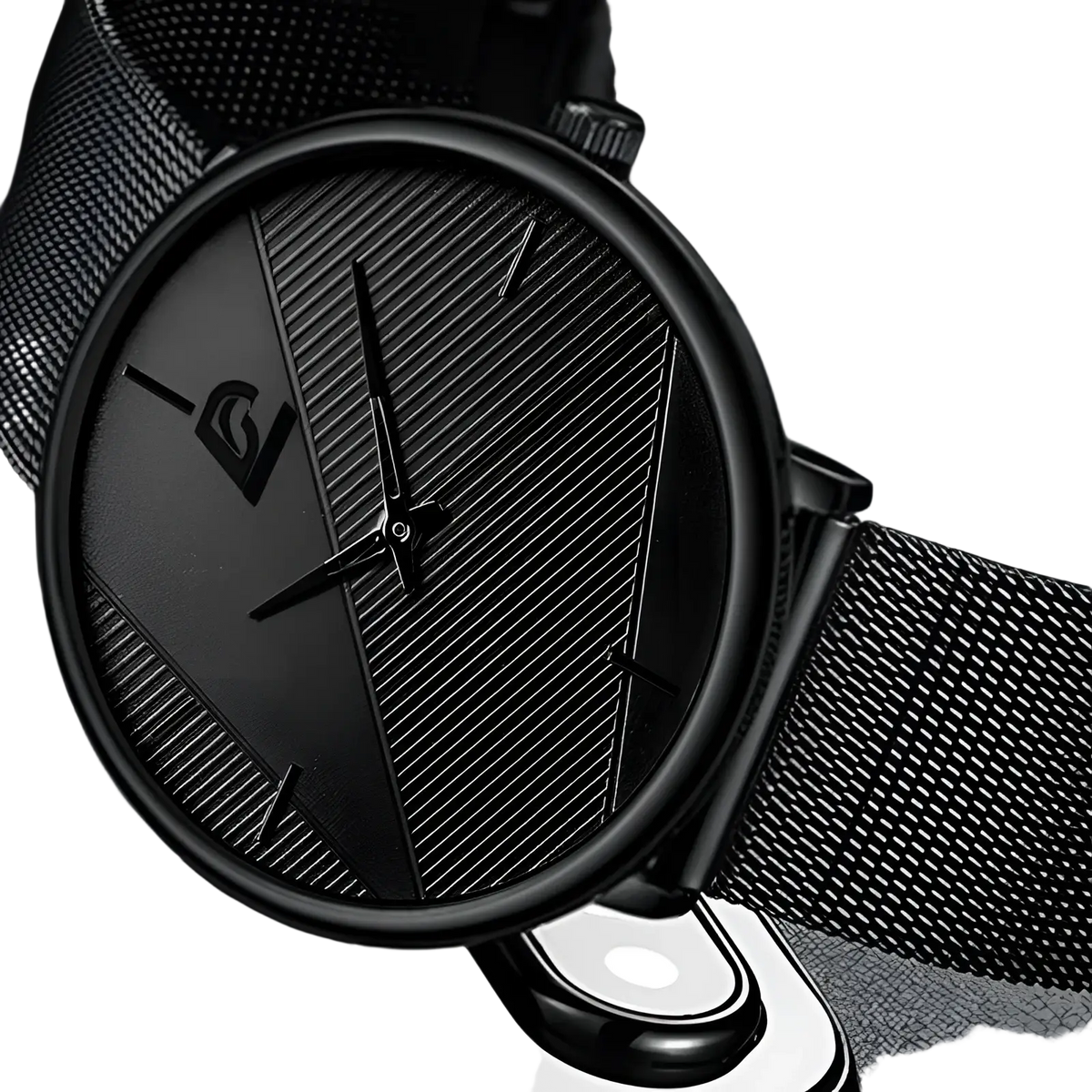 Men black mesh quartz watch with carbon fiber textured face minimalist hour markers and sleek mesh strap