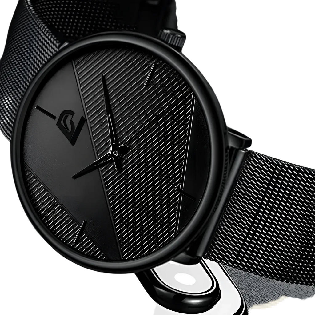 Men black mesh quartz watch with carbon fiber textured face minimalist hour markers and sleek mesh strap