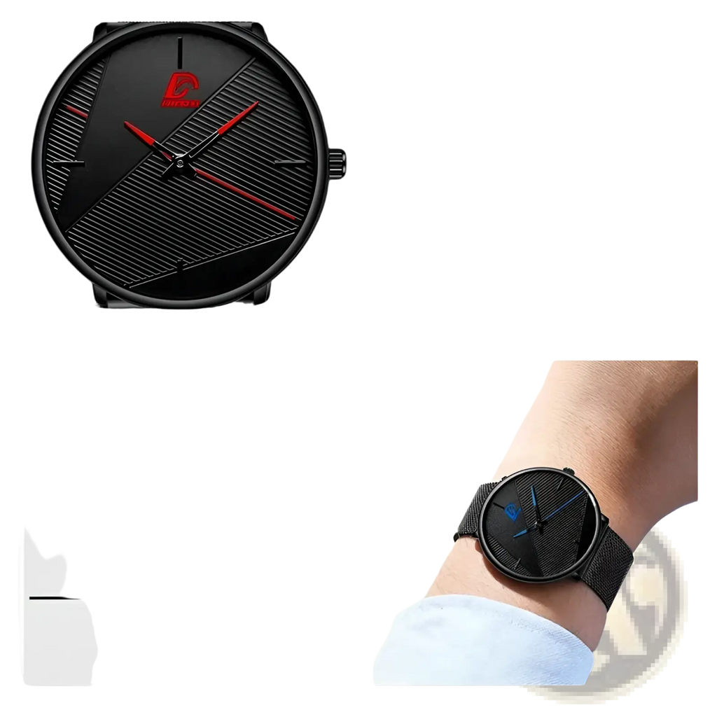 Men black mesh quartz watch with carbon-fiber-textured black face and red hour and minute hands on black strap