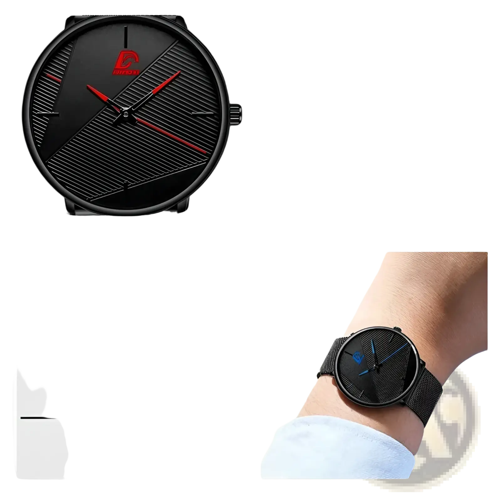 Men black mesh quartz watch with carbon-fiber-textured black face and red hour and minute hands on black strap