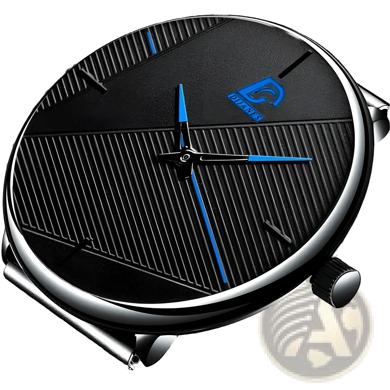 Men black mesh quartz watch with black textured face blue hands and silver-toned metal bezel for stylish wear