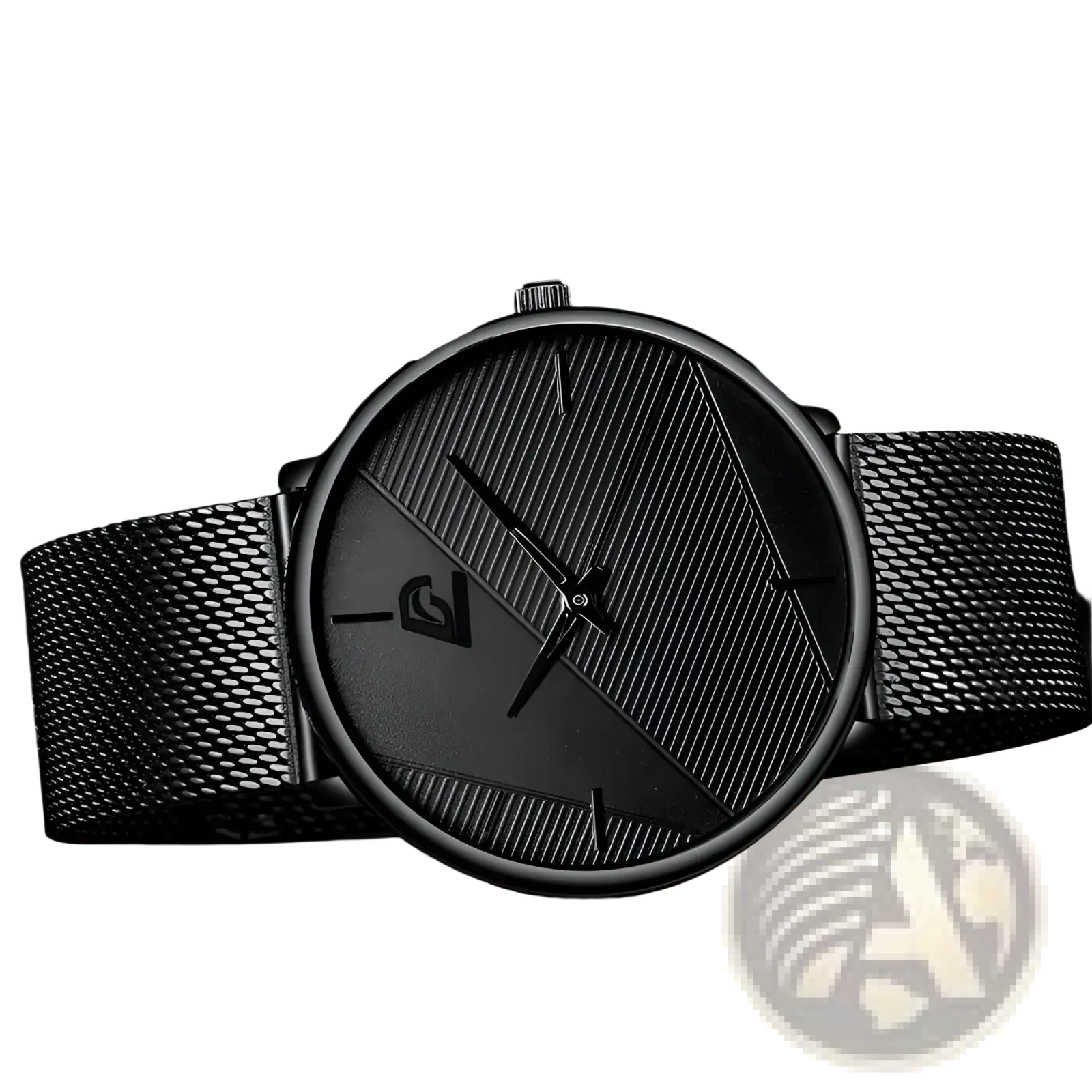 Men black mesh quartz watch with a minimalist black dial featuring diagonal textured stripes and a metal mesh band