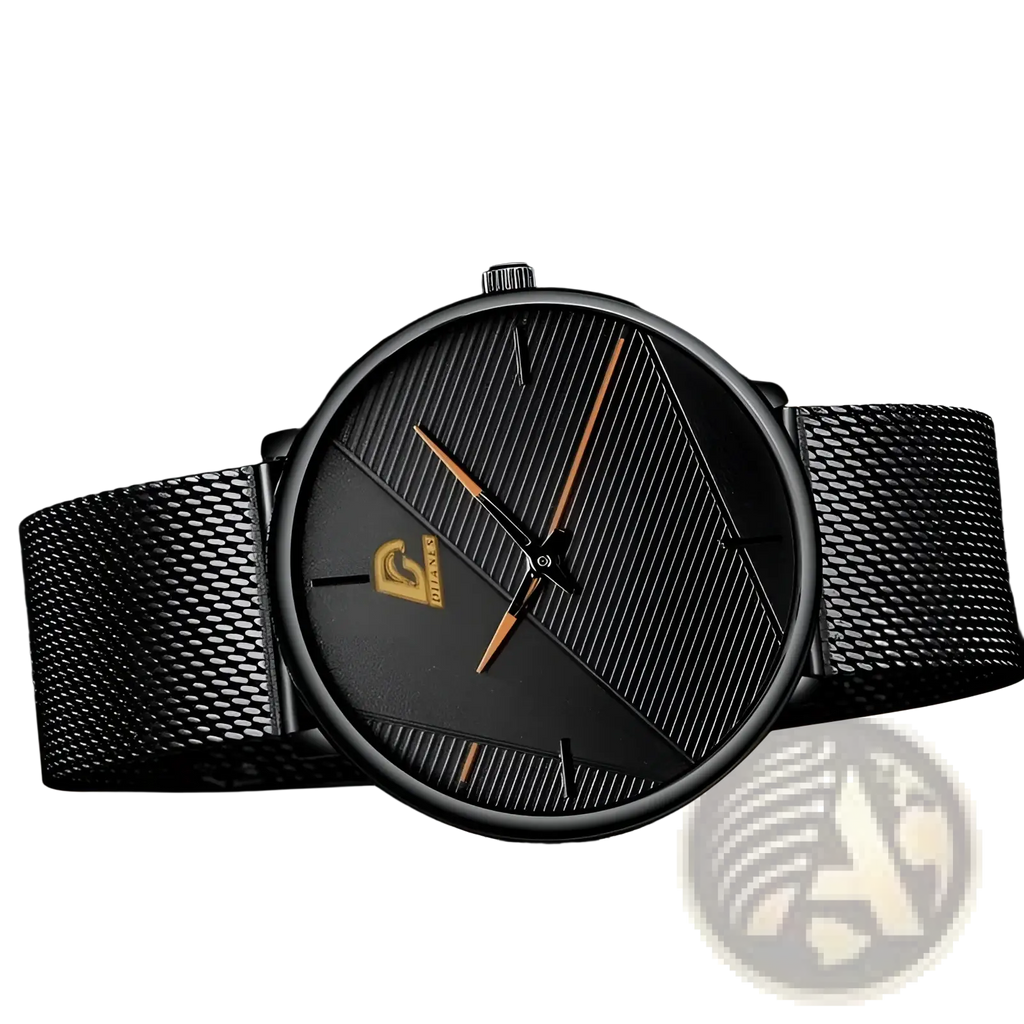 Men black mesh quartz watch with sleek minimalist design and gold-toned hands on a textured dial