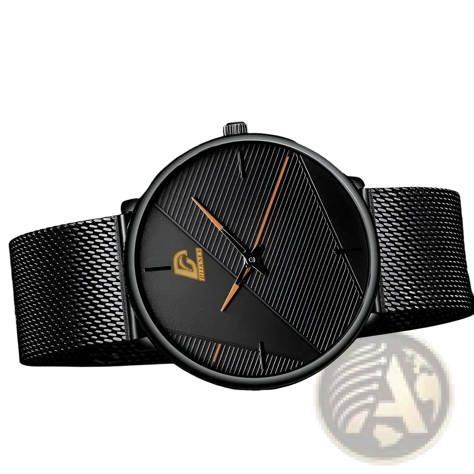 Men black mesh quartz watch with sleek minimalist design and gold-toned hands on a textured dial