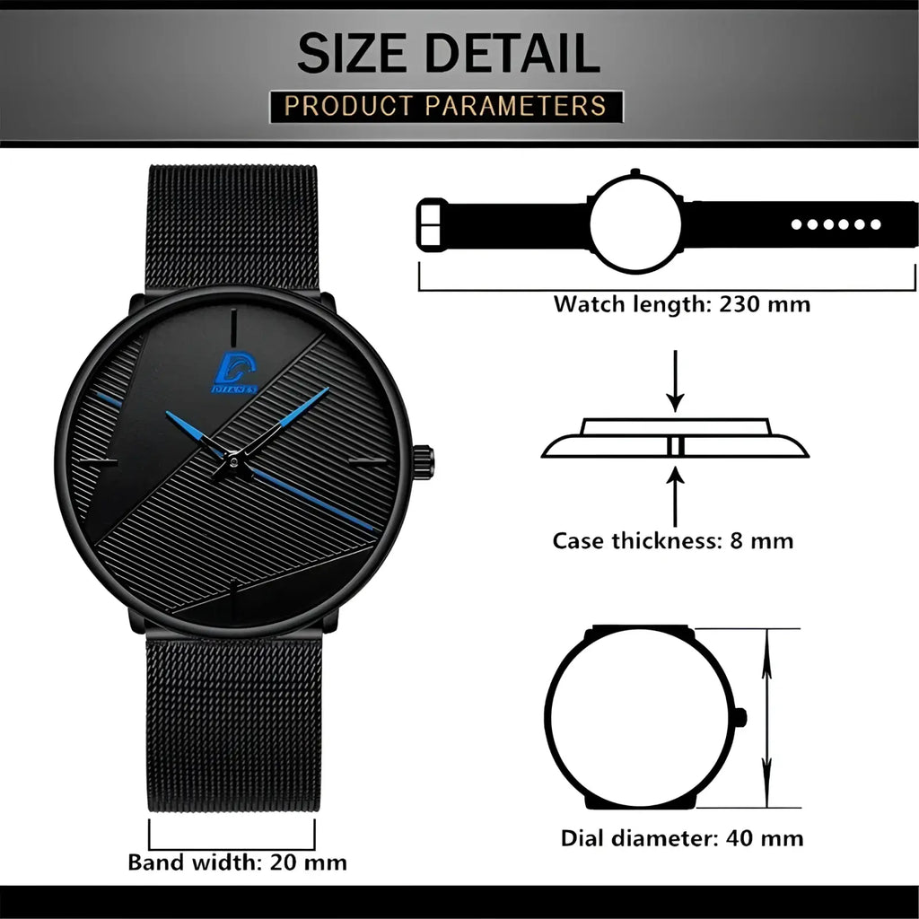 Men black mesh quartz watch with sleek modern design and blue hour and minute hands on a textured dial