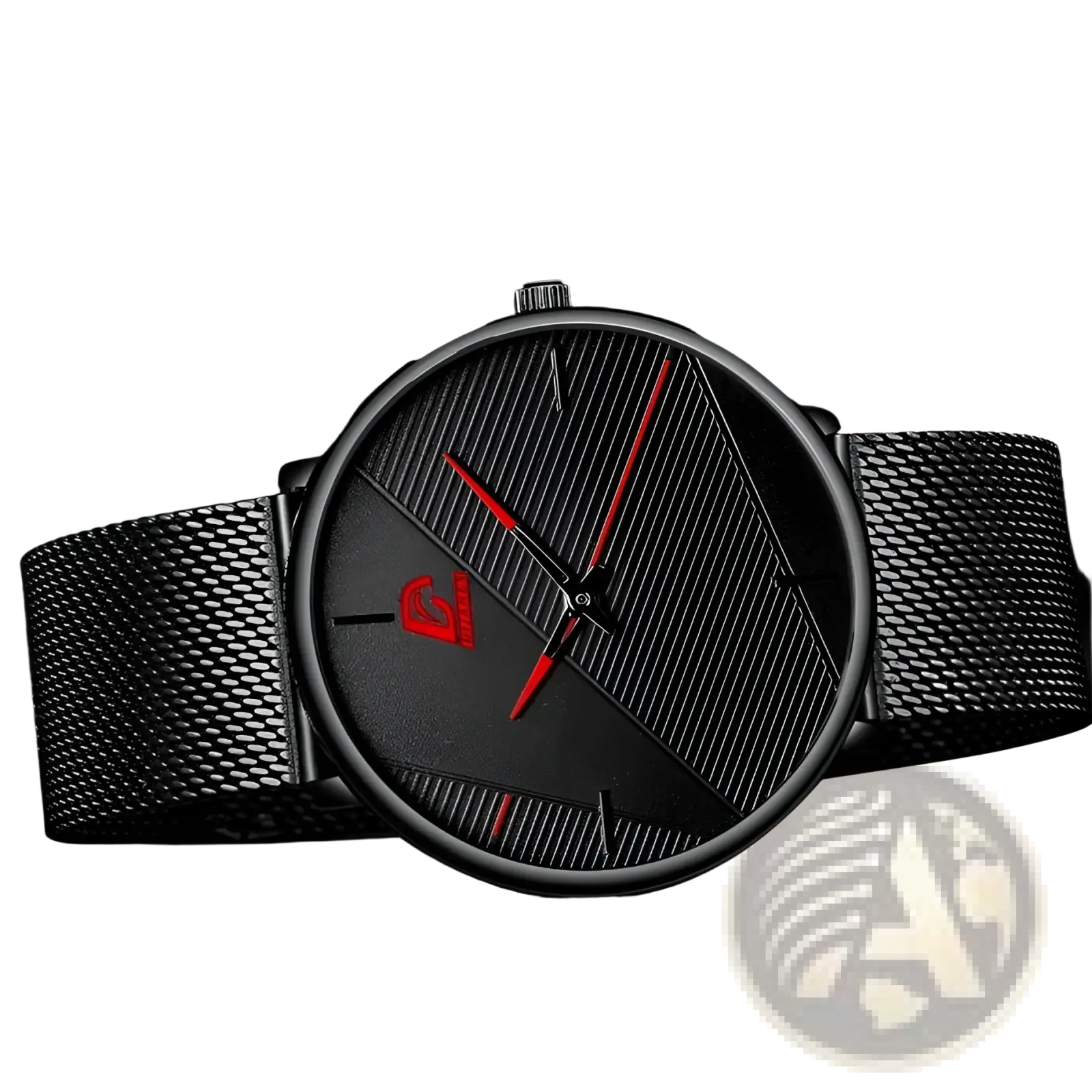 Men black mesh quartz watch with sleek modern design, red hands, and subtle logo on the dial