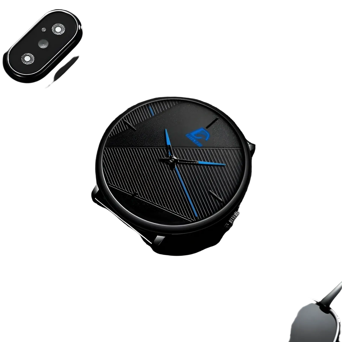 Men black mesh quartz watch with sleek black dial blue hands and subtle diagonal line accents