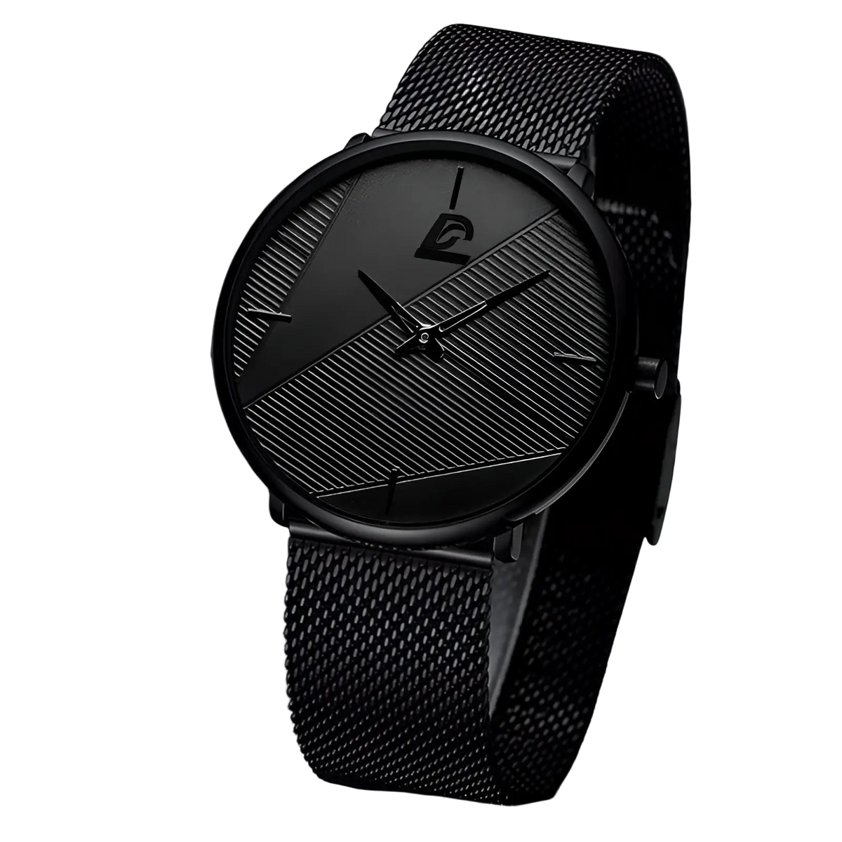 Men black mesh quartz watch with minimalist dial featuring diagonal striped patterns and sleek modern design