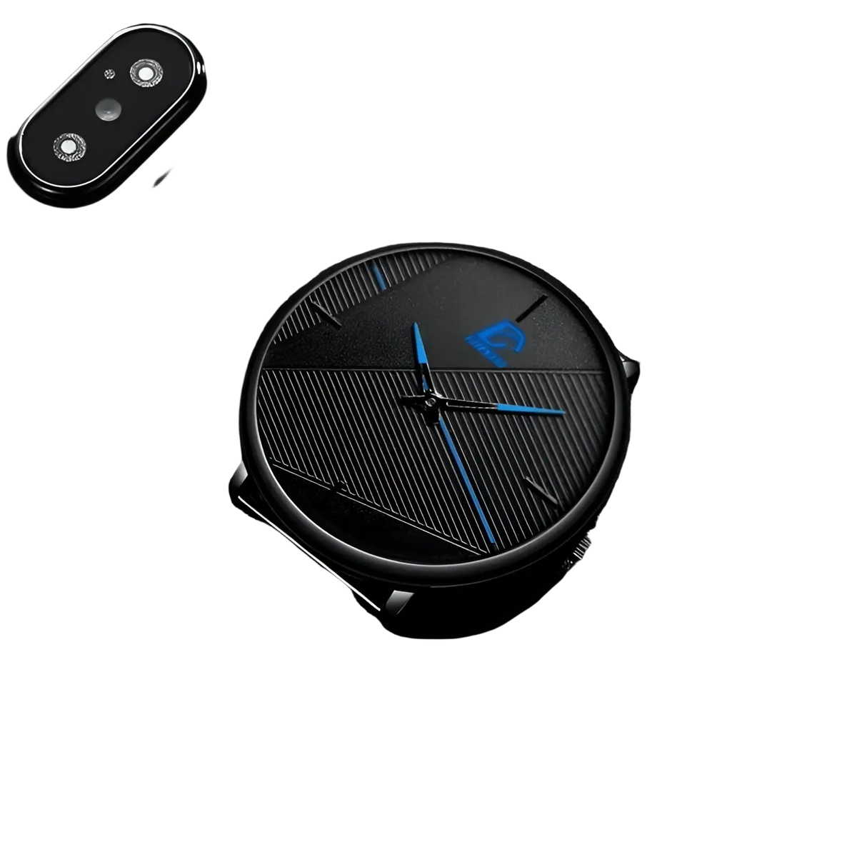 Men black mesh quartz watch with sleek black dial and blue hands featuring subtle diagonal line accents