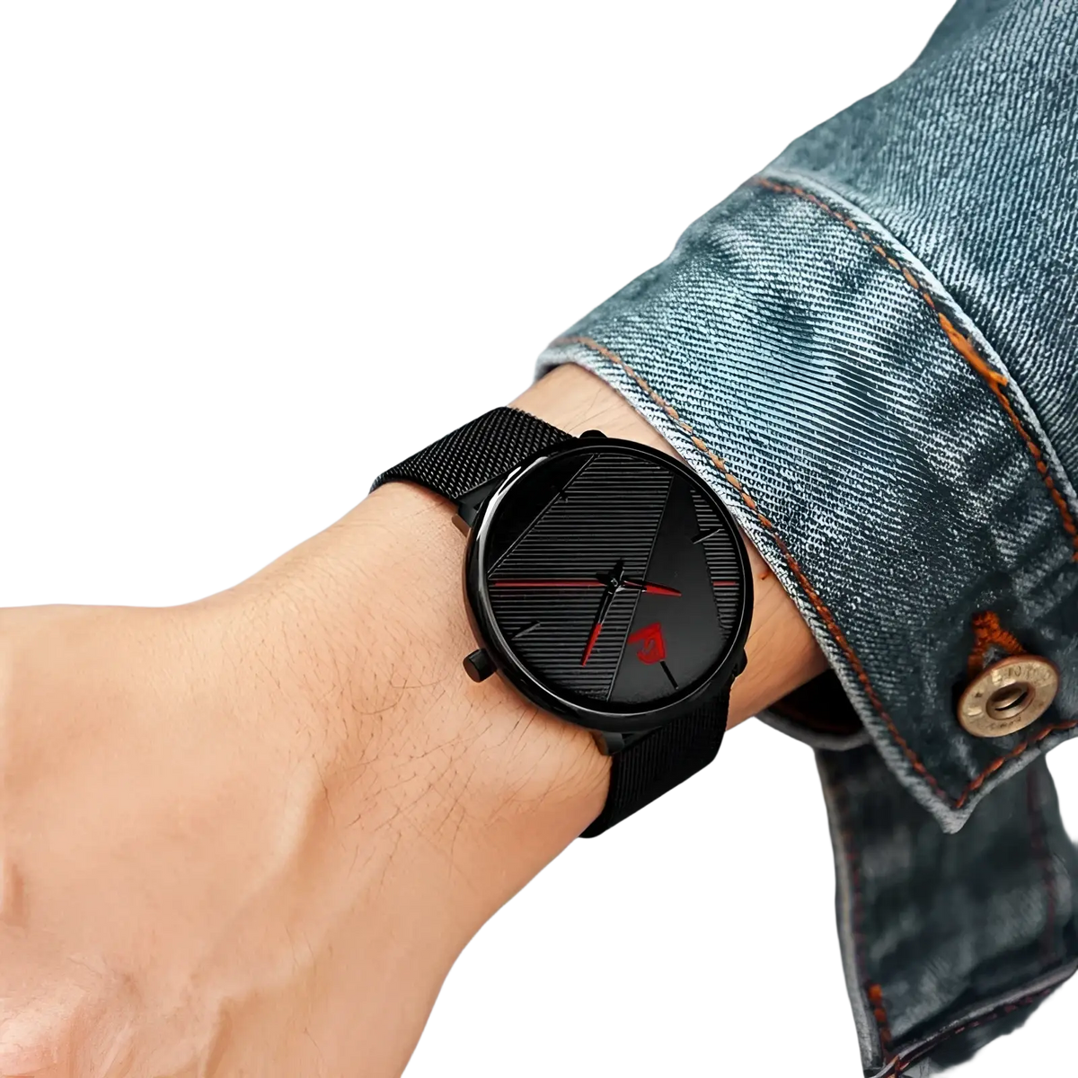 Men black mesh quartz watch with a sleek black dial, red accents, and minimalist hour markers