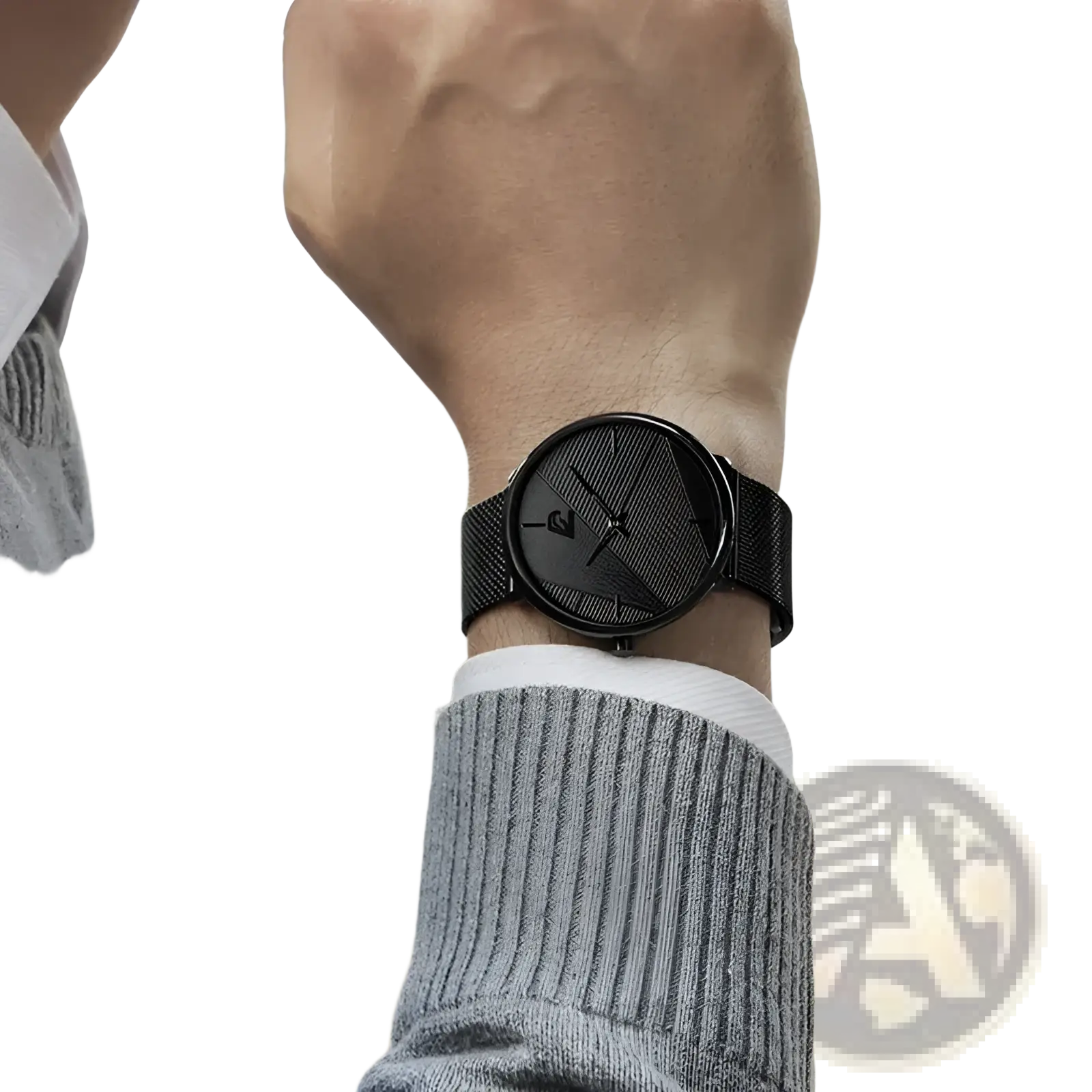 Men black mesh quartz watch with a minimalist black dial and subtle geometric pattern on the face