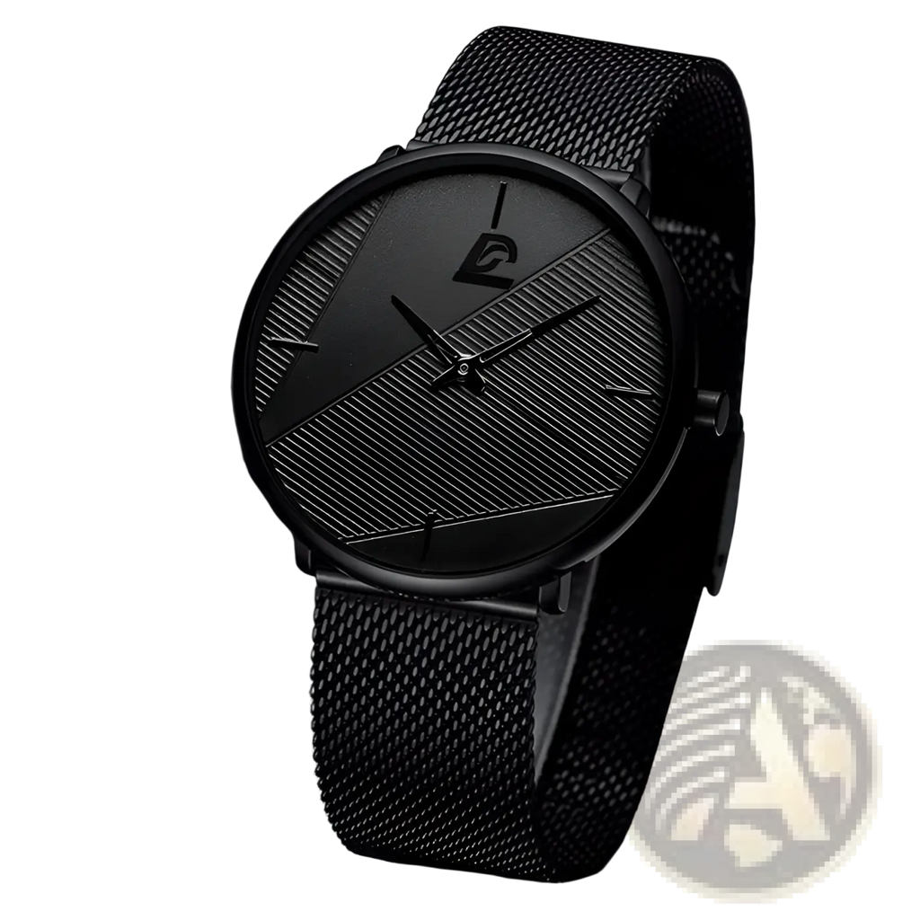 Men black mesh quartz watch with a sleek minimalist dial featuring diagonal textured patterns and subtle markers