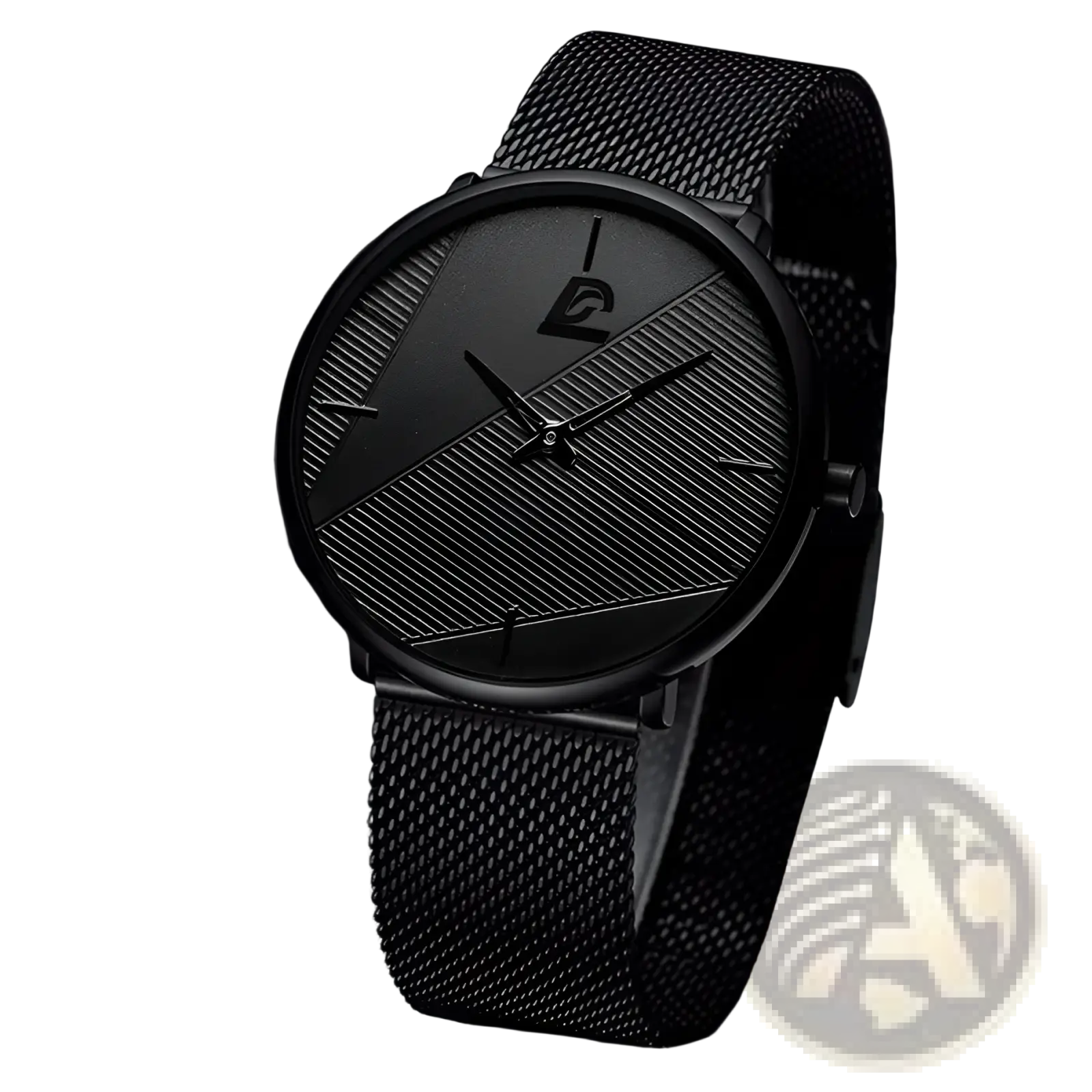 Men black mesh quartz watch with a sleek minimalist dial featuring diagonal textured patterns and subtle markers