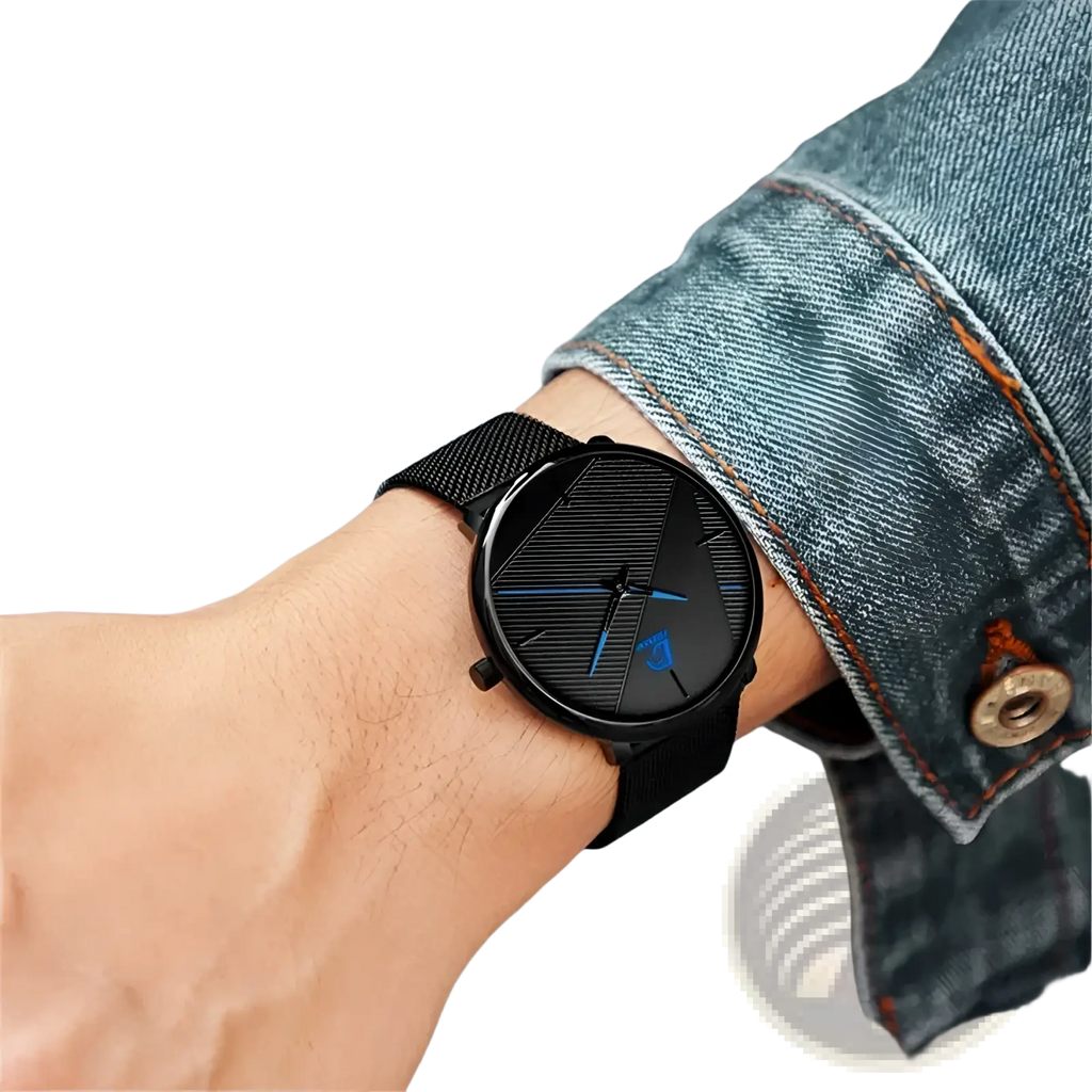 Men black mesh quartz watch with sleek black dial, blue hands, minimalist markings, and stainless steel mesh strap