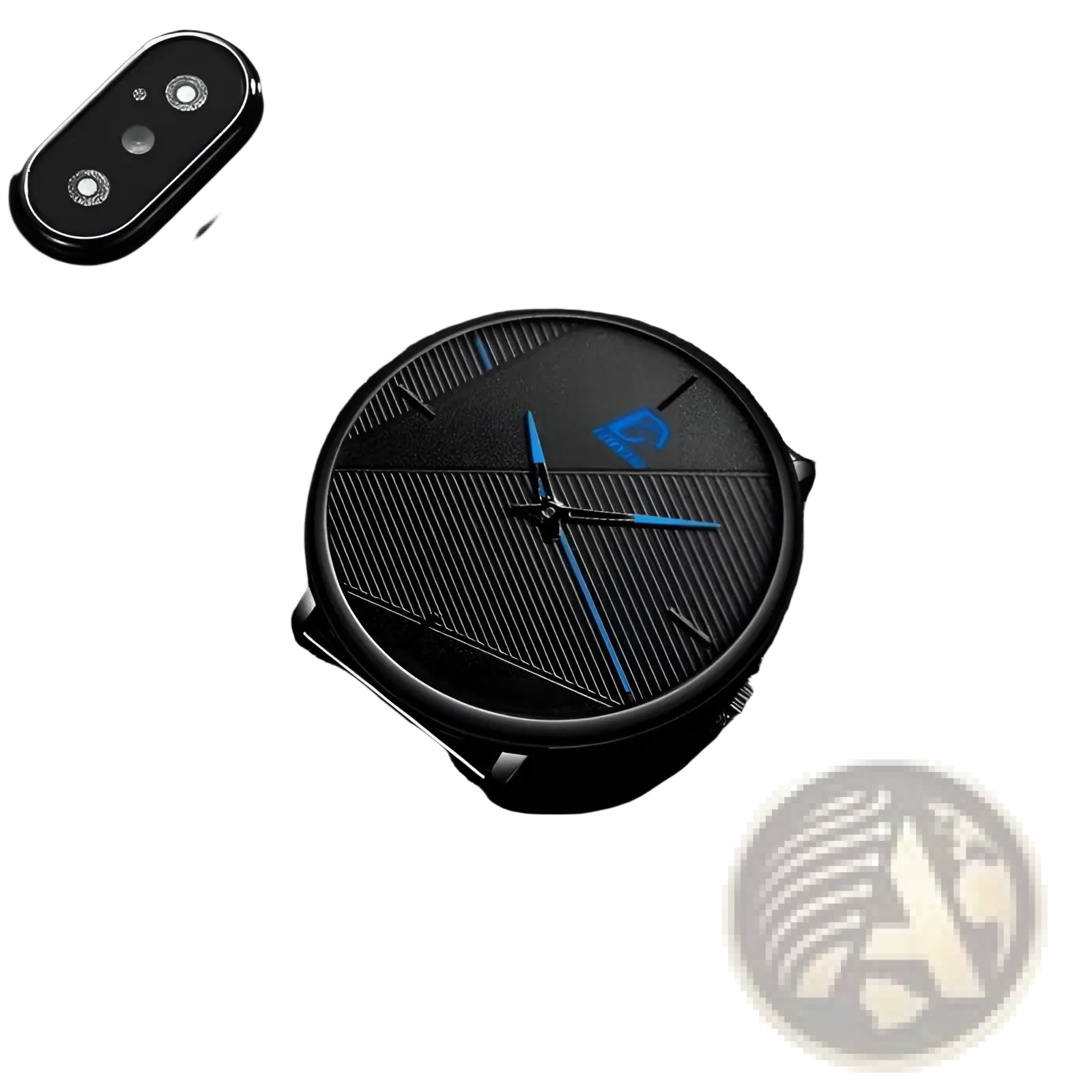 Men black mesh quartz watch with sleek black dial and blue hands featuring subtle diagonal line accents