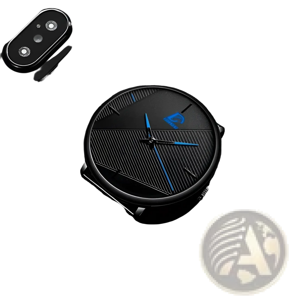 Men black mesh quartz watch with a sleek black dial, blue hour and minute hands, subtle diagonal lines, and blue logo