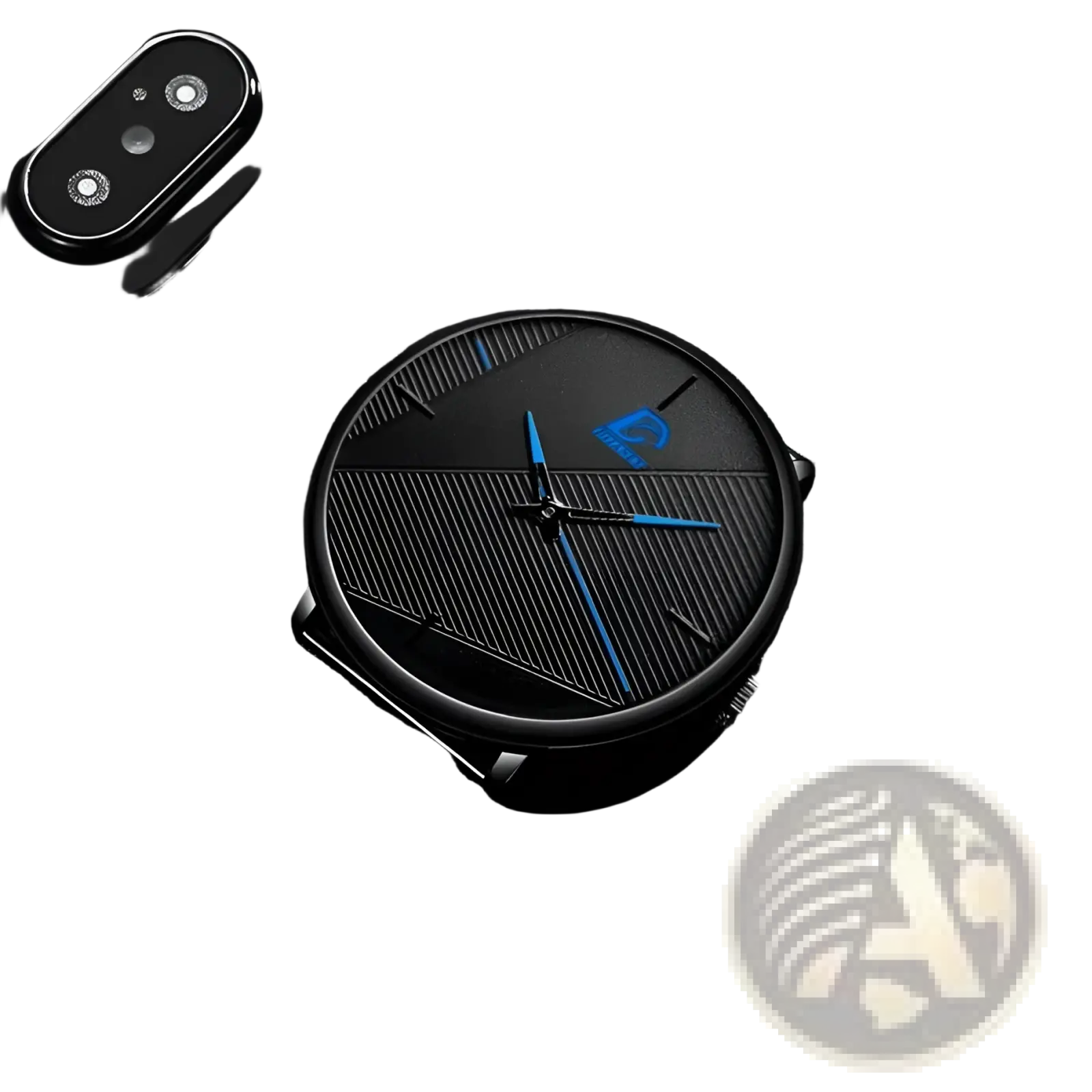 Men black mesh quartz watch with a sleek black dial, blue hour and minute hands, subtle diagonal lines, and blue logo