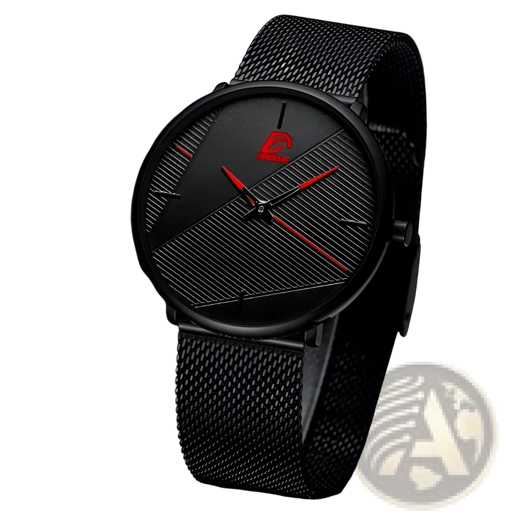 Men black mesh quartz watch with sleek black dial, bold red hands, diagonal stripes, and small red logo at center
