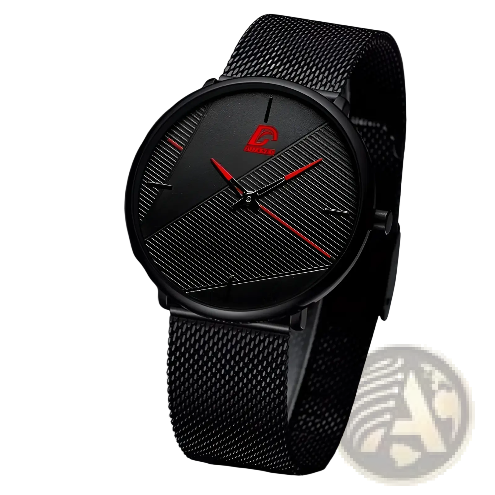 Men black mesh quartz watch with sleek black dial, bold red hands, diagonal stripes, and small red logo at center