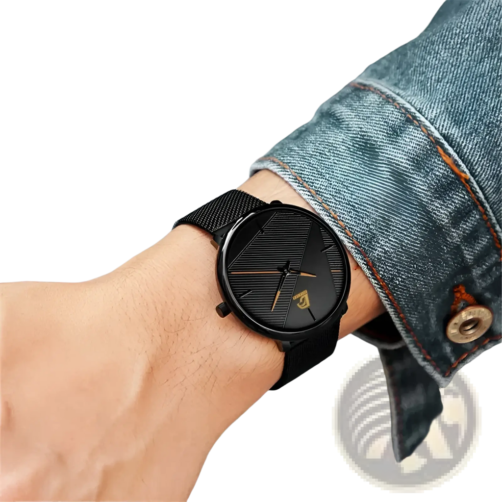 Men black mesh quartz watch with sleek black dial, subtle diagonal lines, and gold-toned hands