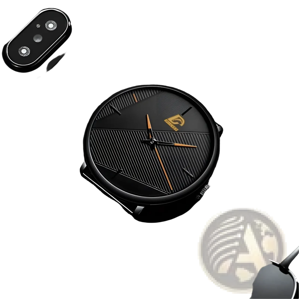 Men black mesh quartz watch with sleek black dial featuring subtle diagonal grooves and gold-tone hands and logo