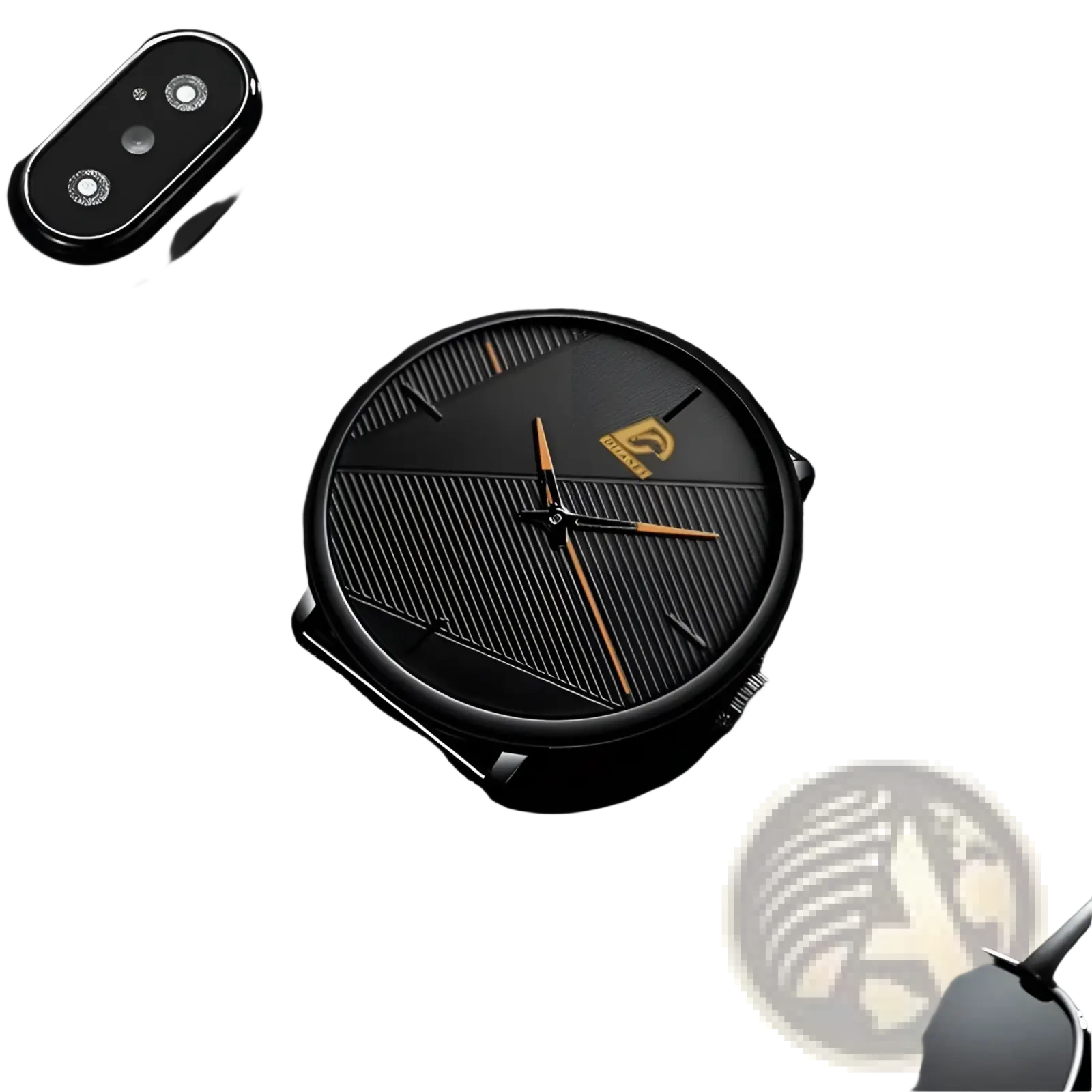 Men black mesh quartz watch with sleek black dial featuring subtle diagonal grooves and gold-tone hands and logo