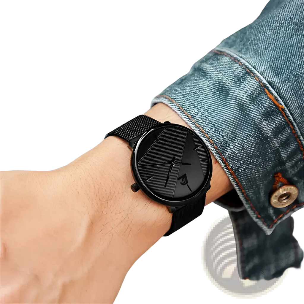 Men black mesh quartz watch with a sleek minimalist dial featuring subtle diagonal lines and a small logo at the bottom