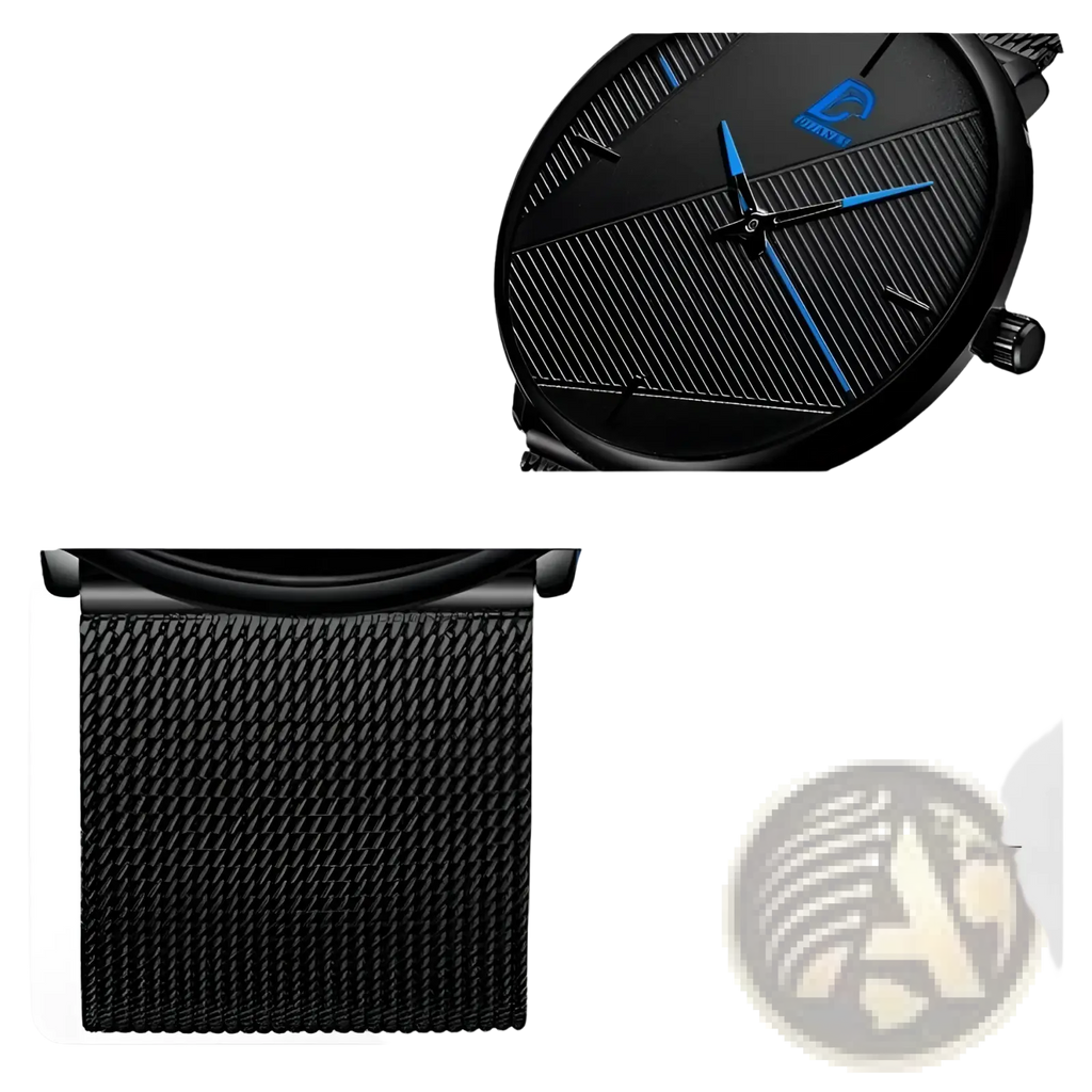 Men black mesh quartz watch with textured dial blue hands and stainless steel mesh strap for formal wear