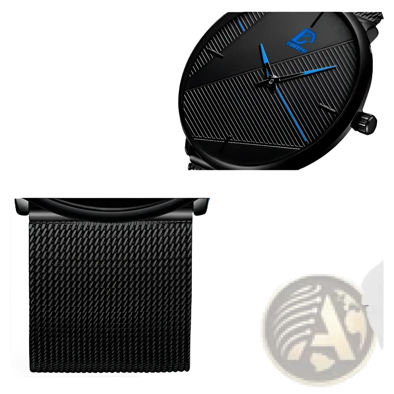 Men black mesh quartz watch with textured dial blue hands and stainless steel mesh strap for formal wear