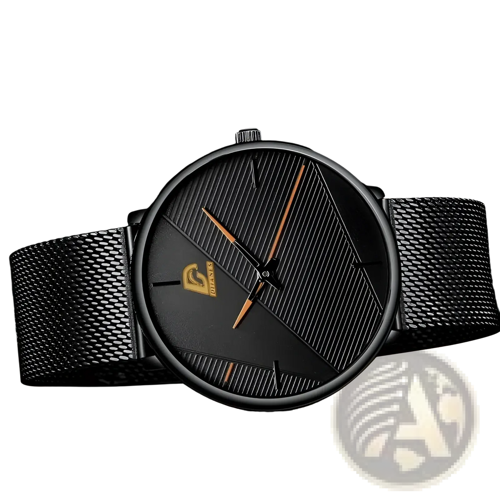 Men black mesh quartz watch with a sleek minimalist design featuring gold-toned hands and logo on the dial