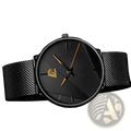 Men black mesh quartz watch with a sleek minimalist design featuring gold-toned hands and logo on the dial