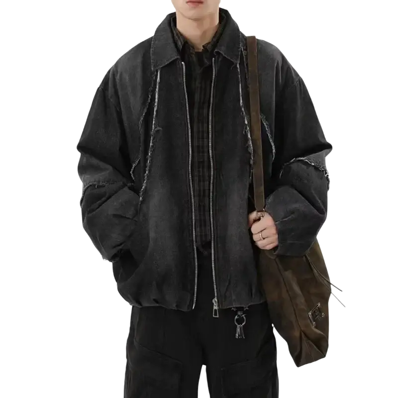 Men black niche bomber jacket made of distressed denim with frayed edges and a zipper front design sense niche style