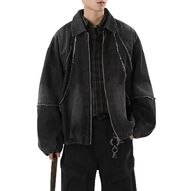 Men black niche bomber jacket in distressed denim with frayed edges and silver zipper showcasing design sense niche